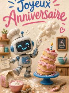 Carte anniversaire enfant animée : robot pâtissier un peu maladroit