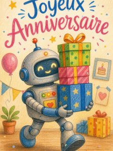 Carte anniversaire enfant animée : le robot rigolo et ses cadeaux