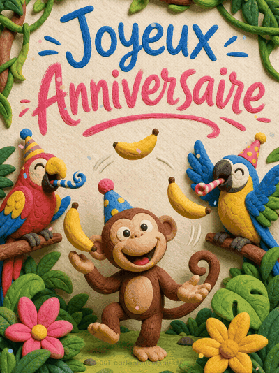 GIF animé : Carte anniversaire enfant animée : le singe jongleur de bananes