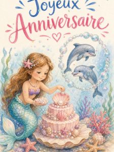 Carte anniversaire enfant animée : petite sirène du lagon aux perles