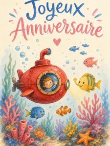 Carte anniversaire enfant animée : le petit sous-marin des poissons