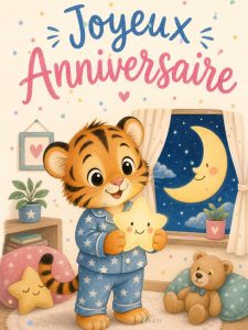 Carte anniversaire enfant animée : tigrou et sa veilleuse étoilée