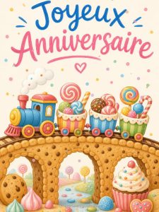 Carte anniversaire enfant animée : petit train chargé de bonbons