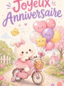Carte anniversaire enfant animée : premier vélo et grappe de ballons