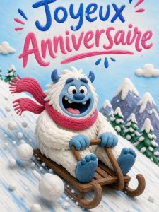 Carte anniversaire enfant animée : yéti farceur en pleine descente