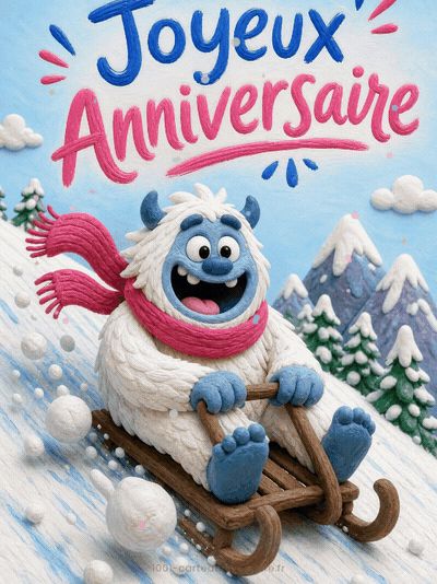 GIF animé : Carte anniversaire enfant animée : yéti farceur en pleine descente
