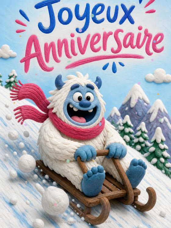 Image JPG : Carte anniversaire enfant animée : yéti farceur en pleine descente