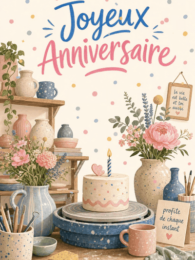 GIF animé : Carte anniversaire femme animée : atelier poterie et douceur d'argile