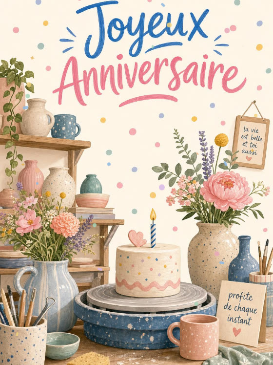 Image JPG : Carte anniversaire femme animée : atelier poterie et douceur d'argile