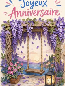 Carte anniversaire femme animée : balançoire sous la glycine en fleurs