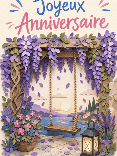 Carte anniversaire femme animée : balançoire sous la glycine en fleurs
