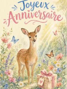 Carte anniversaire femme animée : biche douce dans la clairière
