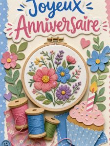 Carte anniversaire femme animée : broderie fleurie faite main