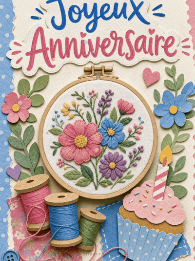 GIF animé : Carte anniversaire femme animée : broderie fleurie faite main