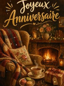 Carte anniversaire femme animée : pause thé cocooning au coin du feu