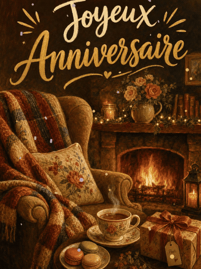 Carte anniversaire femme animée : pause thé cocooning au coin du feu