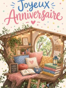 Carte anniversaire femme animée : cabane de lecture sous les arbres