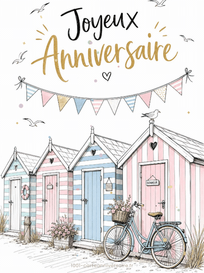 GIF animé : Carte anniversaire femme animée : cabines de plage aux rayures pastel
