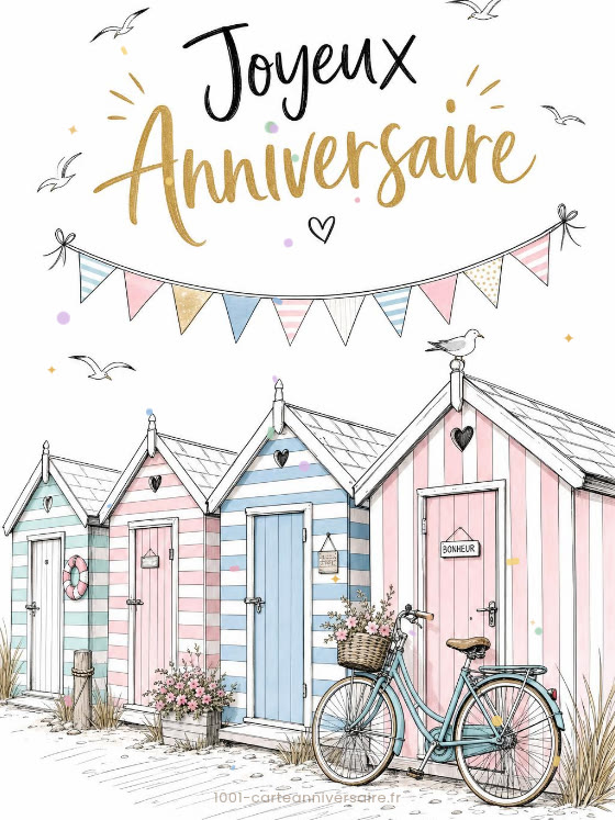 Image JPG : Carte anniversaire femme animée : cabines de plage aux rayures pastel