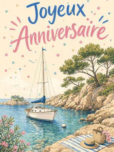 GIF animé : Carte anniversaire femme animée : voilier blanc dans la calanque