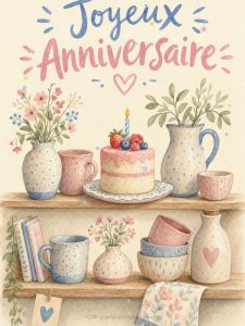 Carte anniversaire femme animée : vaisselier de céramiques douces