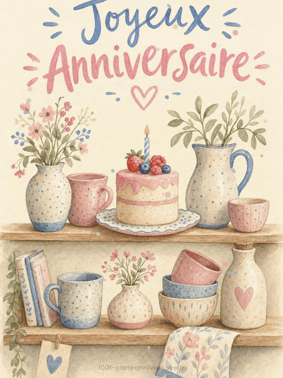 Carte anniversaire femme animée : vaisselier de céramiques douces