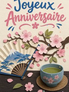 Carte anniversaire femme animée : fleurs de cerisier et éventail