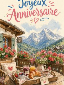 Carte anniversaire femme animée : balcon fleuri d'un chalet alpin