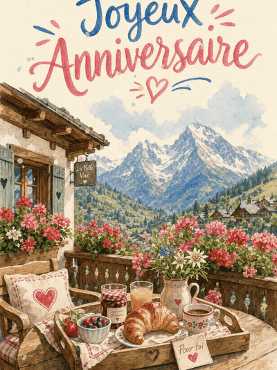 GIF animé : Carte anniversaire femme animée : balcon fleuri d'un chalet alpin