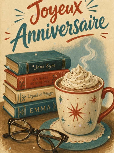 GIF animé : Carte anniversaire femme animée : chocolat chaud et pile de romans