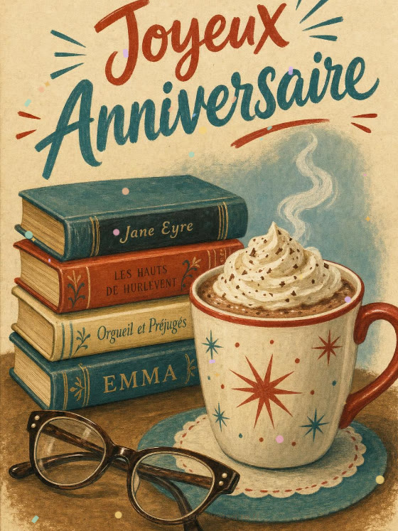 Image JPG : Carte anniversaire femme animée : chocolat chaud et pile de romans