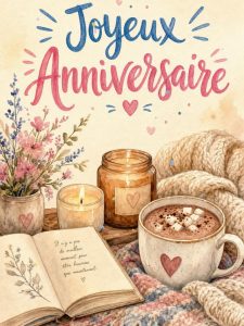 Carte anniversaire femme animée : plaid, bougies et roman du soir