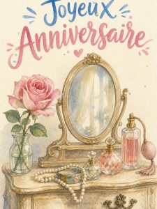 Carte anniversaire femme animée : coiffeuse vintage et perles fines