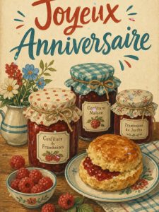 Carte anniversaire femme animée : confitures maison et fruits rouges