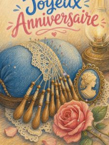 Carte anniversaire femme animée : dentelle fine et fuseaux anciens