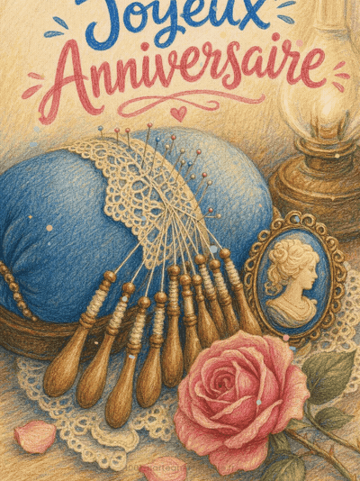 GIF animé : Carte anniversaire femme animée : dentelle fine et fuseaux anciens