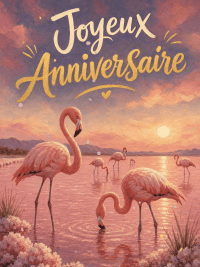 Carte anniversaire femme animée : ballet de flamants sur le lac rose