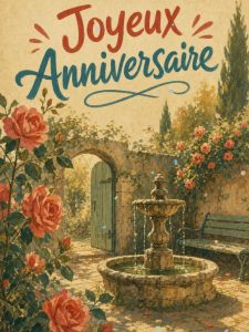 Carte anniversaire femme animée : fontaine ancienne du jardin secret