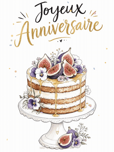 GIF animé : Carte anniversaire femme animée : gâteau raffiné aux figues dorées