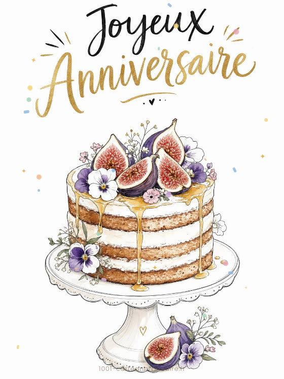 Image JPG : Carte anniversaire femme animée : gâteau raffiné aux figues dorées