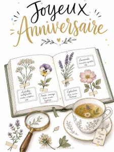 Carte anniversaire femme animée : herbier poétique aux fleurs pressées