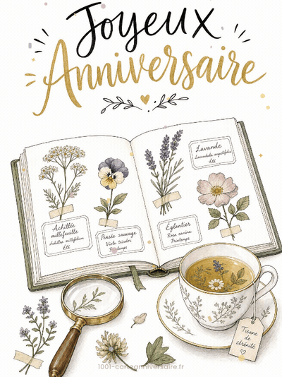 Carte anniversaire femme animée : herbier poétique aux fleurs pressées