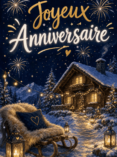 Carte anniversaire femme animée : chalet illuminé sous la neige