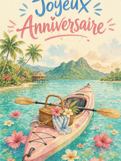 Carte anniversaire femme animée : pagayer dans un lagon turquoise