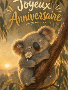 Carte anniversaire femme animée : câlin de koala dans l'eucalyptus