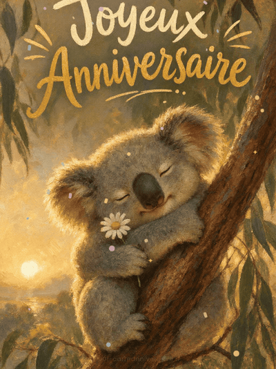 Carte anniversaire femme animée : câlin de koala dans l'eucalyptus