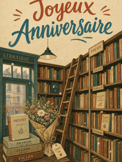 GIF animé : Carte anniversaire femme animée : trésors de la vieille librairie