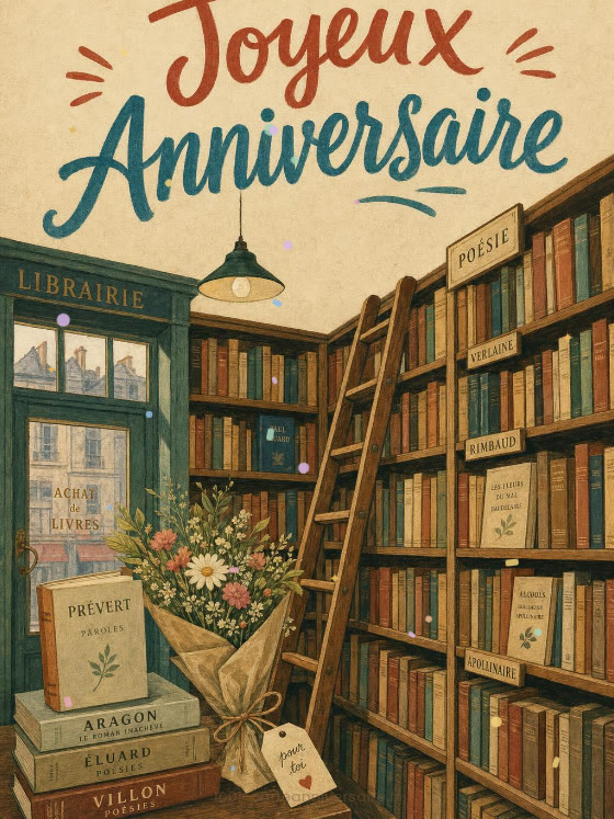 Image JPG : Carte anniversaire femme animée : trésors de la vieille librairie