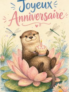 Carte anniversaire femme animée : loutre gracieuse sur un nénuphar