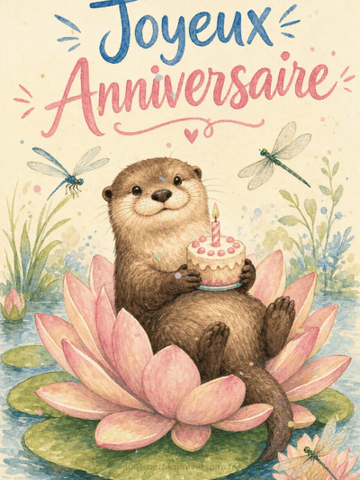 Carte anniversaire femme animée : loutre gracieuse sur un nénuphar